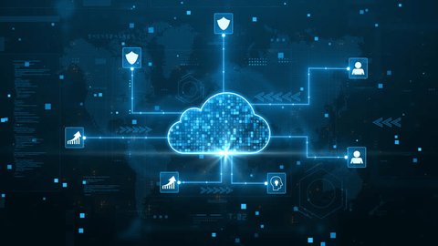Cloud computing for data storage and transfer for safety, Cloud icon with data icon on the background world map, Futuristic technology global network data connection. Cybersecurity digital background Video Stok