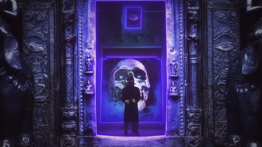 Wicked Ghost Skull Witchcraft Mystical Temple Spooky Vulture Figure Zoom In. Creepy ghostly figure inside a mystic temple with a wicked skull burning in the background. Zoom in Royalty-Free Stock Footage #1106848837