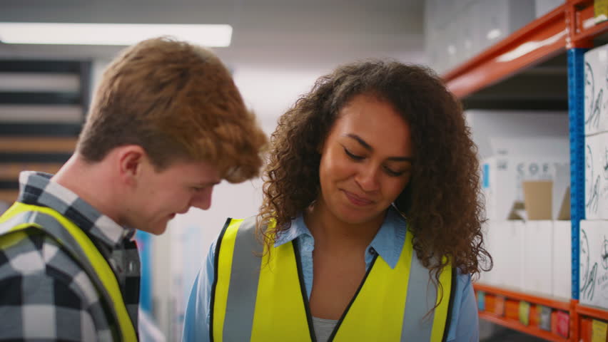 Female team leader in distribution warehouse training male intern- shot in slow motion Royalty-Free Stock Footage #1106851241