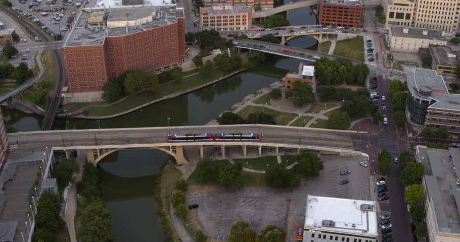 Drone shot of the Buffalo Bayou that runs through downtown Houston, Texas