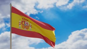 Spain flag waving on blue sky background. 3d render video footage