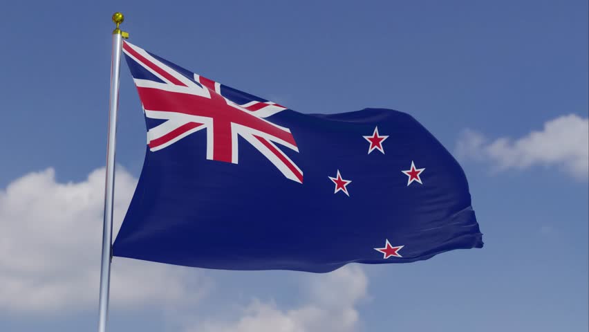 Flag Of New Zealand Moving In The Wind With A Clear Blue Sky In The Background, Clouds Slowly Moving, Flagpole, Slow Motion