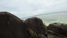 Fpv drone flying on a Anse Source d'Argent beach in Seychelles on an Island Mahe, video of incredible trees, Seychelles rocks, seaside, and surrounding Seychelles landscapes.