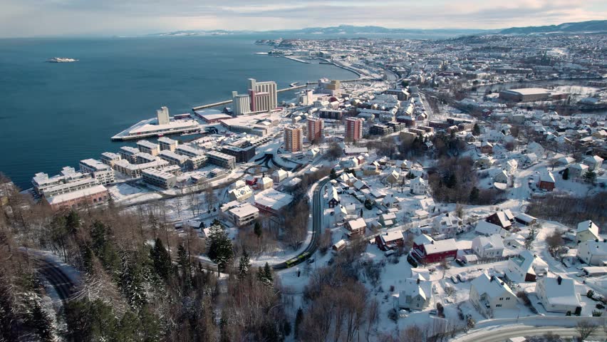  Trondheim drone aerial view of city, winter sunset in Norway, arctic urban living 