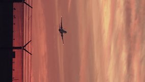 Twin jet engine plane taking off in silhouette against an orange sky sunset from LAX. Airplane taking off at sunset. Aircraft takes off at dawn. Aerial vertical, vertical video background. - Powered by Shutterstock - Get 15% off with code: PIKWIZARD15