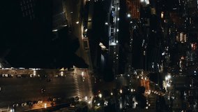 Cinematic Los Angeles Downtown Aerial at Night. Aerial establishing shot of city at night. Aerial vertical, vertical video background.