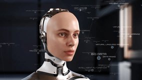 Female AI robot talks, looks at camera. Realistic 3D computer generated humanoid cyborg in futuristic metaverse cyberspace. Innovative future technology with artificial intelligence. Chatbot program. - Powered by Shutterstock - Get 15% off with code: PIKWIZARD15