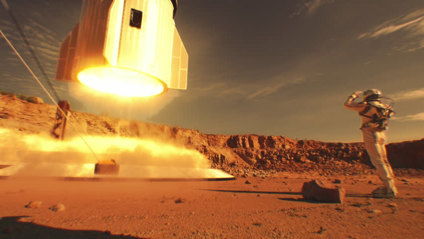 Two astronauts in spacesuits stand, watch spacecraft landing on Mars surface. Manned space mission on red planet. Technological advance of the future. Futuristic colonization and exploration concept.