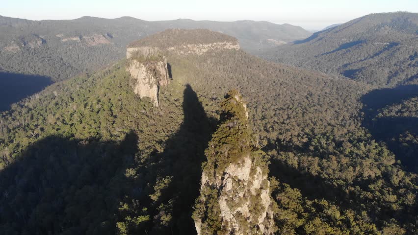 aerial drone panorama of famous steamers mountains in  main range national park, queensland, australia; unique scenery near mount superbus on the border with new south wales; stern, mast and funnel