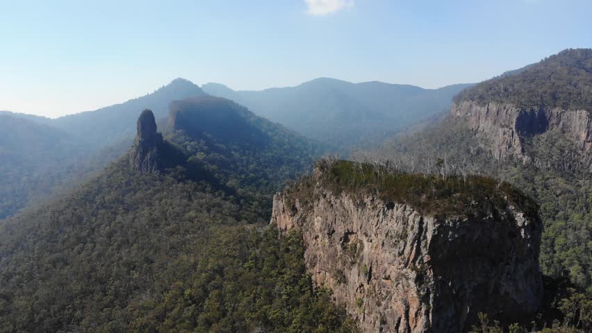 aerial drone panorama of famous steamers mountains in  main range national park, queensland, australia; unique scenery near mount superbus on the border with new south wales; stern, mast and funnel