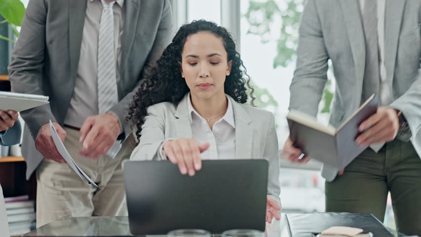 Business, chaos and woman with stress, multitasking and workflow crisis with headache, burnout and pressure from team. Migraine, female person or corporate leader with anxiety, overworked or deadline | Shutterstock HD Video #1106870525