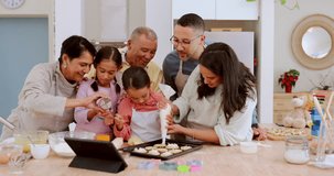 Tablet, cookie decoration or happy family baking, watch tutorial or streaming video for candy, food or biscuit design. Kitchen, online guide or home grandparents, parents or children learning cooking