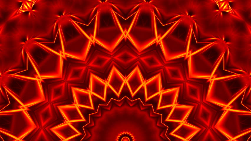 Flamy emanations radiating from bottom centre of semicircle. Fire flares, flashes sparkling. Red energy flows spreading. Mirroring ornamental background motion, pulsating, changing. 4K UHD 4096x2304