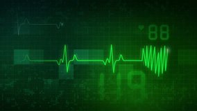 Cardiogram of heart beat. Abstract green background with medical indicators of heart rate. Looped animation with numbers.