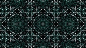 Abstract kaleidoscope pattern in blue and green tones. Mirror looped animation of tiny dots of Arabic ornament. Floral elements.