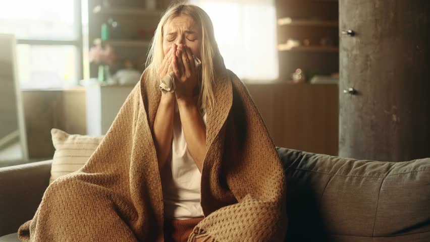 Sick blond mature woman sitting on sofa under the warm blanket coughing sneezing and having severe headache temperature at home Unhealthy female getting flu virus symptom Cold and fever concept Royalty-Free Stock Footage #1106880409
