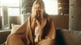 Sick blond mature woman sitting on sofa under the warm blanket coughing sneezing and having severe headache temperature at home Unhealthy female getting flu virus symptom Cold and fever concept - Powered by Shutterstock - Get 15% off with code: PIKWIZARD15