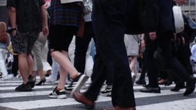 SHIBUYA, TOKYO, JAPAN : Crowd of people walking at Shibuya crossing in daytime. Busy downtown area in Tokyo. Japanese people, lifestyle, urban city life and travel concept video. Slow motion shot.