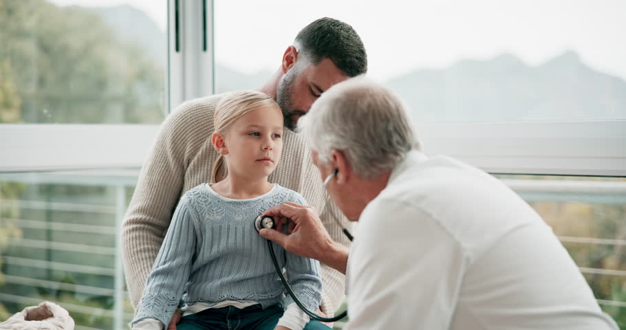 Dad, child and pediatrician with stethoscope to check lungs, heart and breathing for kids healthcare. Father, sick kid and doctor checking chest for asthma, emergency medical consultation in home. Royalty-Free Stock Footage #1106882357
