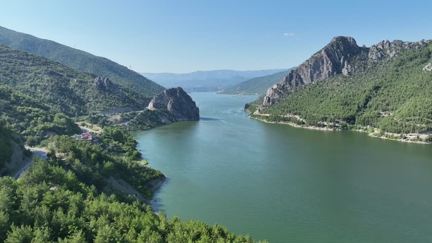 aerial view of canyon river and dam water reserve