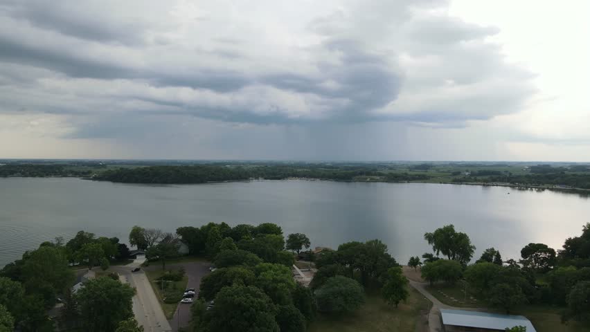 Aerial View of Rain Clouds Over Lake, Clear Lake in Waseca Minnesota