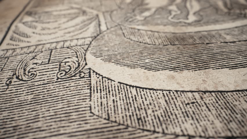 Old yellowed antique book, medieval king picture view. Rare timeless literature. Treasures of past. Museum piece from library. 