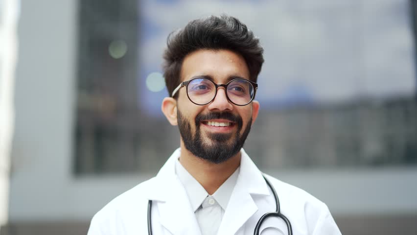 Close up portrait of a young smiling doctor in a white coat and glasses standing outside in front of a hospital building. Positive medical worker physician with stethoscope posing looking at camera Royalty-Free Stock Footage #1106887777