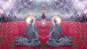 Spiritual composition. Burning head men meditates in lotus pose in surreal landscape. 4K Animated video