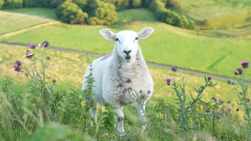 Close-up of sheep grazing in the English countryside, Peak District. Sheep eating grass in Slow Motion, on a steep green field, on a sunny afternoon.