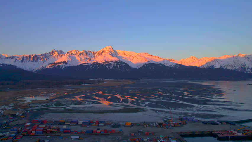 Mountains of Seward Alaska at sunset. 4k drone.