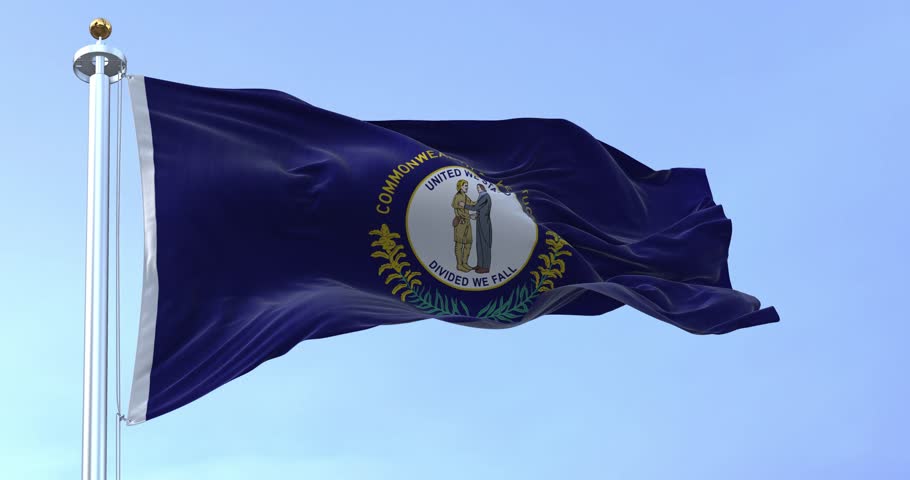 Kentucky state flag waving on a clear day. Kentucky flag features state seal: two men embracing, motto United We Stand, Divided We Fall above. Seamless 3d render animation. Slow motion loop. 4k