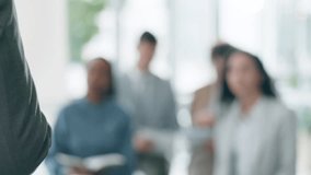 Business, coaching and man with blurred office at seminar, brainstorming and training in leadership. Workshop, teaching and presentation, leader and team in meeting for feedback, planning and staff. - Powered by Shutterstock - Get 15% off with code: PIKWIZARD15