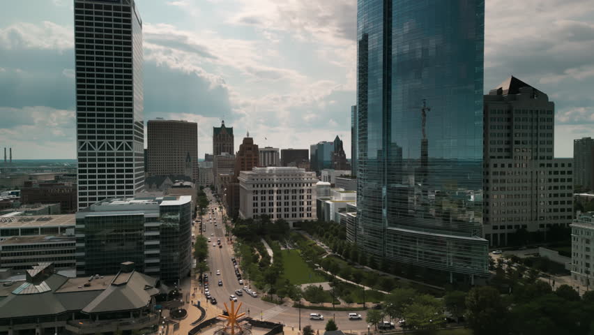 Wide Aerial view of downtown Milwaukee city, Michigan lake shoreline. Milwaukee, Wisconsin, USA
