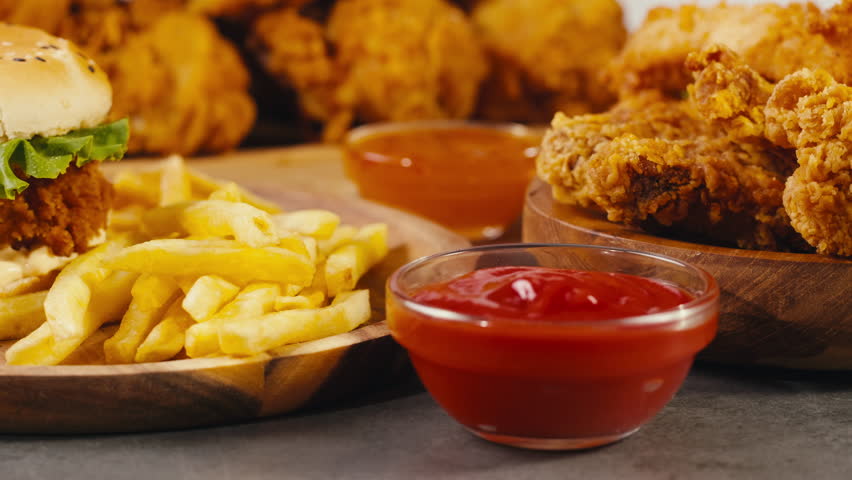 Man eating Fast food delivery meals chicken nuggets with sweet chilli sauce tomato ketchup, and fried chicken french fries, on wooden table ready to takeaway. Fat American cuisine. Royalty-Free Stock Footage #1106905353
