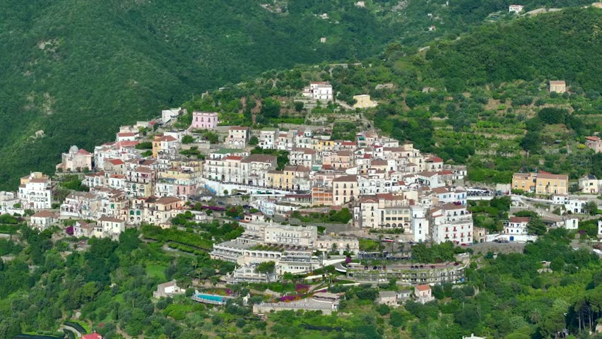 Panoramic view of Vietri sul Mare from Salerno, Italy, The Amalfitana is an Italian coastal road in the province of Salerno that leads from Meta di Sorrento to Vietri sul Mare, Beautiful view 