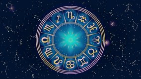 Animated Round Frame with Zodiac Sign. Colorful Horoscope Symbol. Panoramic Sky Map of Hemisphere. Bright Constellations on Starry Night Background. Loop Seamless Stock Footage. 3D Graphic