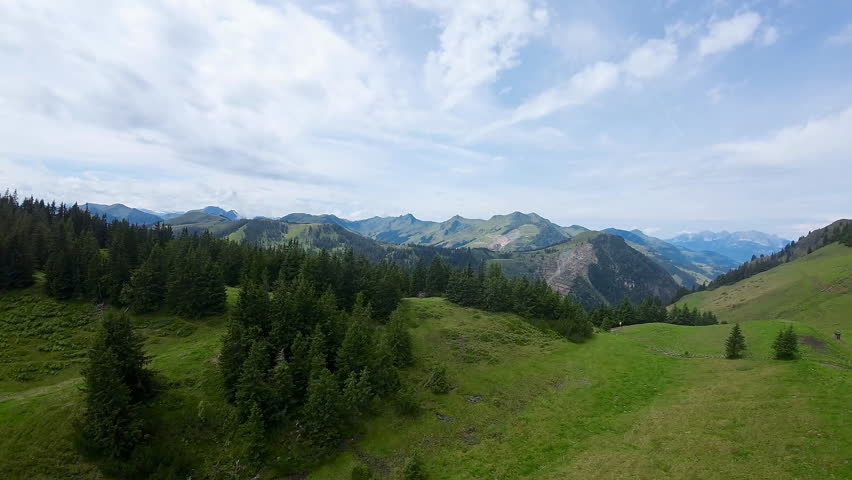 Aerial drone FPV of Saalbach Hinterglemm mouintains in Austria