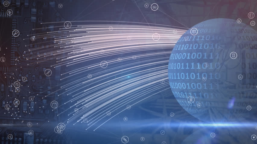 Animation of network of digital icons, light spot, light trails against binary coding over a globe. Global networking and business technology concept - Powered by Shutterstock - Get 15% off with code: PIKWIZARD15