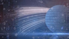 Animation of network of digital icons, light spot, light trails against binary coding over a globe. Global networking and business technology concept - Powered by Shutterstock - Get 15% off with code: PIKWIZARD15