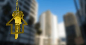 Animation of hanging golden house keys against blurred view of tall buildings with copy space. Relocation and real estate concept - Powered by Shutterstock - Get 15% off with code: PIKWIZARD15