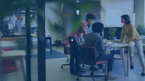 Animation of connected shopping cart and padlock icons over diverse colleagues talking in office. Digital composite, shopping, protection, retail, security, business, teamwork and discussion. - Powered by Shutterstock - Get 15% off with code: PIKWIZARD15