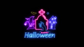 Glowing neon line of happy halloween party banner design isolated on transparent background. Trick or Treat. Bright signboard. Holiday concepts. 4K video motion graphic animation. Seamless Loop.