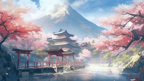 Anime background video fantasy chinese temple in autumn or japanese temple in autumn with cherry blossom tree sakura - Powered by Shutterstock - Get 15% off with code: PIKWIZARD15