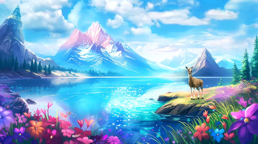 Anime video background  beautiful view of cartoon paradise fantasy island with rainbow, lake, mountain,