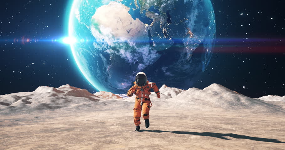 Young Astronaut in Space Suit Confidently Running On An Alien Planet. Planet Earth Is Visible In Sky. Royalty-Free Stock Footage #1106921989