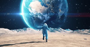 Male Astronaut Running In Slow Motion On The Moon. Blue Planet Earth Visible. Space Exploration. Lunar Station. - Powered by Shutterstock - Get 15% off with code: PIKWIZARD15