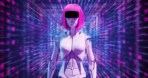 A cyborg girl on the background of a virtual space in glasses of additional reality. VR glasses concept.