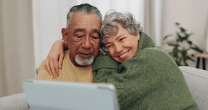 Tablet, wave and video call with old couple on sofa for communication, streaming and happy. Social media, smile and retirement with senior man and woman in living room at home for technology and love