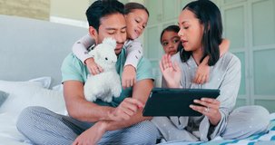Tablet, funny and family in home bedroom, bonding and streaming movie, meme or video on internet. Technology, parents and children on bed with happy mother, father and laughing kids on social media