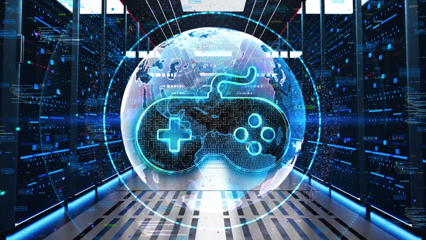 Gaming Pad Icon Moving Through Rack Servers in Data Center. Concept of Game controller with virtual reality glasses to control computer and console games. Futuristic technology game. 3D Illustration Royalty-Free Stock Footage #1106926155